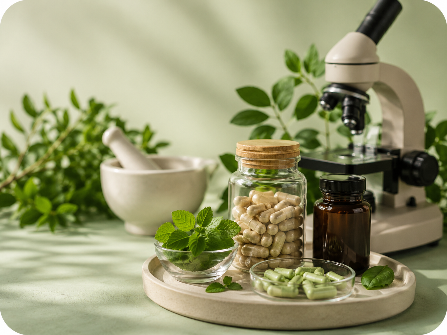Compléments alimentaires naturels, plantes et microscope - science de l'équilibre naturel